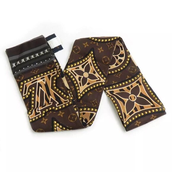 Auth LOUIS VUITTON Bandeau Scarf Brown Silk
